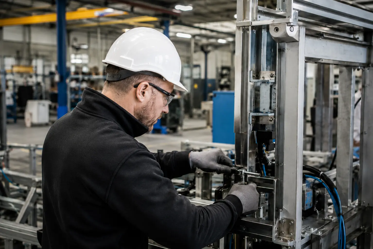 Montatore meccanico esterno al lavoro su macchinario industriale in officina